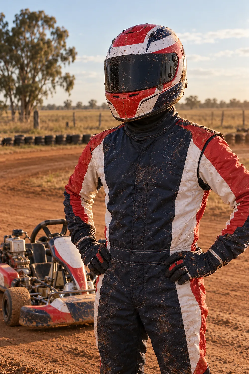 Piloto de karting con el mono cubierto de tierra