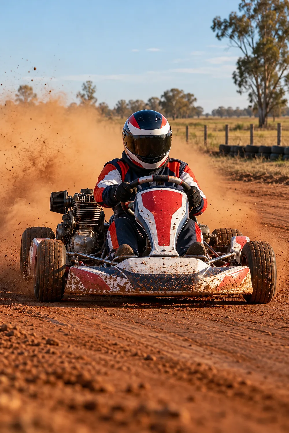Kart de frente en la recta levantando polvo